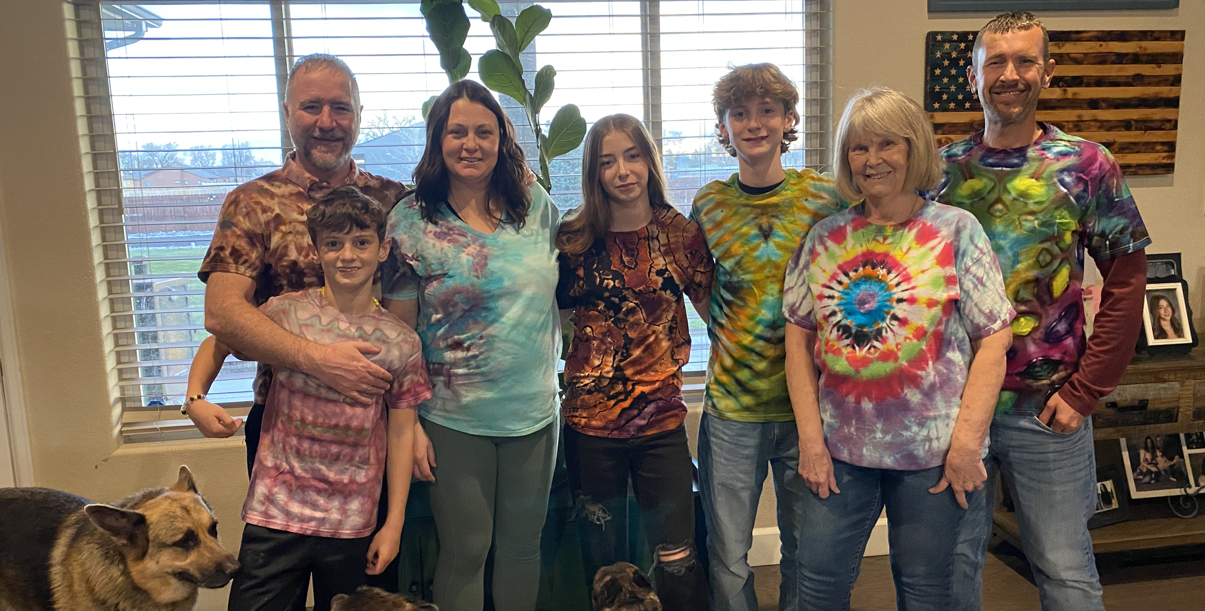 A family wearing Tamarack Tie Dye products.